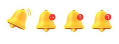 3D uyarı çanı simgesi. Sarı zil sesi, yeni abonelik bildirimi, sosyal medya hatırlatıcısı, alarm. Gerçekçi vektör ui telefon simgeleri. Çevrimiçi uygulamada ileti veya posta uyarısı