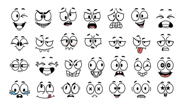 Cartoon face expression. Emotional comic face with eyes, mouths, tongue and teeth. Concept caricature feeling. Happy, sad and angry characters emotions. Vector set. Positive and negative mood
