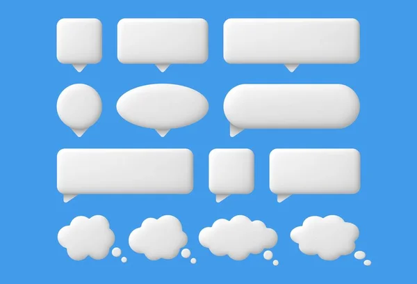 Üç boyutlu konuşma baloncukları. Beyaz sohbet mesaj balonu, düşünme ve diyaloglar boş balonlar. Düşünce bulutları, çevrimiçi konuşan kutu izole vektör seti. Sosyal medya iletişim bildirimleri