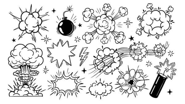 Comic Cartoon Line Bomb Explosion Doodle Fight Boom Bang Effects — Stock Vector