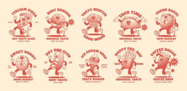 Çizgi film maskotu fast food. Çizgi roman 70 'lerin maskotu karakteri. Logo kızartması, hamburger, çörek, kahve ve yürüyen tako. Yüz, eller ve bacak vektörlü retro-eğlenceli yemek. Lezzetli sandviç