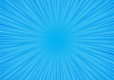 Komik arkaplan. Çizgi film pop sanatının soyut dokusu. Hız ışını çizgileri ve yarım ton noktalı mavi pankart. Radyal duvar kağıdı ışınları, çizgi romanlar için patlama. Vektör konsepti. Satırlı Gradyan sayfa