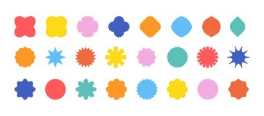 Soyut geometrik şekiller. Basit boş afişler. Minimalist geometri figürleri, temel formlar. Şablon ve vektör seti için çeşitli yuvarlak elementler ve siluetler. Renkli izole koleksiyon