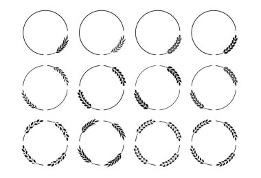 Laurel çerçeveleri dallandırıyor. Klasik defne çelengi yuvarlak çerçeve sınırları defne yaprakları, süslü bir ödül, düğün davetiyesi dekoratif çiçek unsurları. İzole vektör seti. Dairesel şekilli organik bitkiler