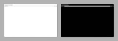 Tarayıcı modelleri. Sekme, araç çubuğu ve arama alanı olan masaüstü bilgisayarı için boş bir web sayfası penceresi. Boş internet en son tarayıcı şablonu, aydınlık ve karanlık mod sayfa vektörü seti. Boş beyaz ve siyah ekran