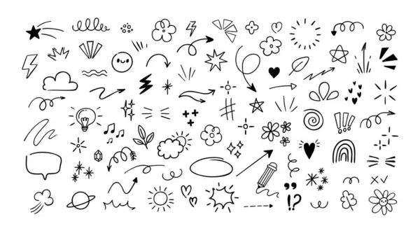 涂鸦线元素 手绘笔形设计装饰 简单的卡通画代表心脏 在白色的背景向量集中孤立 植物的物体 — 图库矢量图片