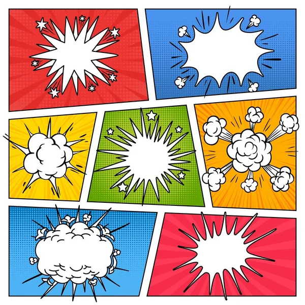 具有言语泡沫的漫画页 卡通空云和对话泡沫在彩色背景下 超级英雄场景具有半色调和径向效果 向量模板 幽默杂志 — 图库矢量图片