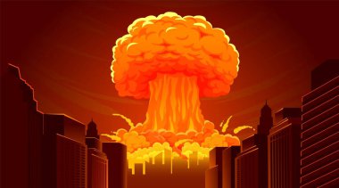 Nükleer patlama bombası. Şehirde radyoaktif kıyamet bulutu mantarı. Çizgi film atom bombası patlaması, yanan felaket, yıkım kasabası. Vektör çizimi. Alevli ve dumanlı gökdelenler