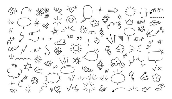 Sketch pen design elements. Doodle simple brush stickers. Hand drawn speech bubble, decorative signs, emotion effects icon. Stars, arrow, sparkle, line shape. Vector set, art sketch isolated set
