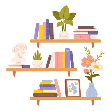 Kitaplık. Kitaplı kitaplık ev bitkileri, resim ve heykel. Çocuk kitapları edebiyatı, peri masalları, ansiklopedi. Çizgi film okuma ve eğitim vektörü konsepti. Ders kitapları ve buket