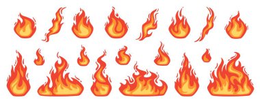 Cartoon fire. Flame of infernal fireballs, red and yellow campfire, hot wildfire and bonfire, burn power. Hellfire, burning icons isolated vector set. Fireplace or camping activity clipart