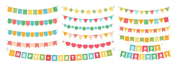 Party Garlands Bunting Colorful Birthday Flags Holiday Ribbons Color Happy — Stock Vector