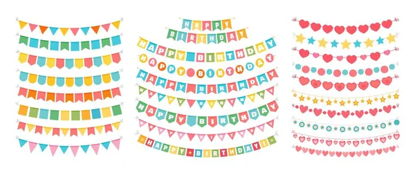 Bunting Pennant Flag Multicolored Fabric Bright Triangles Hang Birthday Party — Stock Vector