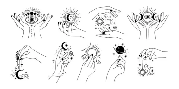 神奇女人的手画神秘女性的手与行星 月亮和太阳 极简主义风格的占星术纹身元素 向量集 女性手掌中的天体 深奥的 — 图库矢量图片