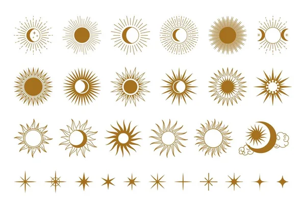 Sol Mágico Abstrato Sol Dourado Gráfico Elementos Nascer Sol Lua — Vetor de Stock
