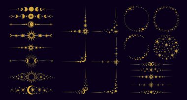 Dekoratif bölme. El yapımı güneş ve ay süsü, metin ayırıcı, astroloji mistik dekoratif sınır, yıldız çerçevesi, soyut parlak köşe. Metin vektör kümesi için satır elemanları. Bohem tasarımı