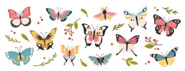 Şirin kelebekler. Çizgi film kelebeği, uçuşan yaz güveleri. Kanatlı güzel, egzotik tropikal böcekler. Uçan kelebekler izole edilmiş vektör seti. Renkli hayvanlar ve doğal elementler