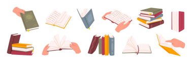 Kitap okuyorum. Okuyucuların el ele tutuştuğu kitap, kitap ayracıyla dolu. Defter ve edebiyat yığınını aç, günlük. Kütüphane içi, eğitim izole elementler vektör seti. Akademik okuma