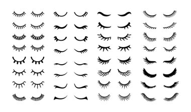 Kirpiklerim. Çizgi filmdeki sevimli kız kirpikleriyle gözlerini kapadı. Kadın makyajla yüz yüze, siyah rimel. Basit, güzel, kız gibi bir uyku tulumu. Tek boynuzlu atın sihirli kırbacı. Vektör ayarlandı. Göz kalemiyle kıvırcık uzun kirpikleri