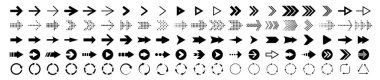 Ok simgesi. Yönlendirme işareti, imleç çizgisi çizimi, tazeleme tuşu, yeniden yükleme sembolü. Web tasarım vektörü seti için siyah siluet simgeleri. Farklı tarafları gösteren dijital çizgiler. Siyah halkalar