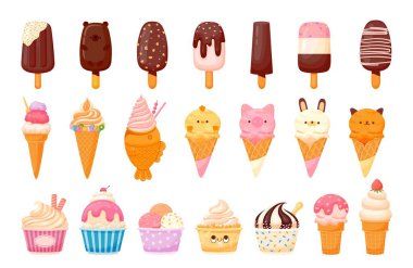 - Dondurma. Çizgi filmlerdeki farklı dondurma tatları koniler, waffle, fincanlar. Komik hayvan şekilli buzlu tatlı. Dondurmacı için vanilya kepçesi ve çikolatalı dondurma. Vektör ayarlandı. Lezzetli bir içecek.
