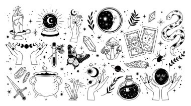 Astroloji esrarengiz sembolleri. Mistik cadı unsurları, sihirli karalamalar, uzay çıkartması, galaksi işareti. Astroloji burç sembolü. Sihirli top, güve, gezegen, el vektörü konsepti. Ruhani kristal, bitki