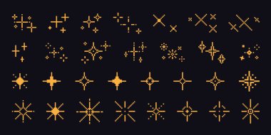 Piksel sanat yıldızları. Comic 8-bit oyun alanı ışığı. Retro dekoratif gece pikselli parlak elementler. Gezici oyunlar için sarı, altın yıldız ve parıltı. Vektör ayarlandı. Parlak izole neşeli kıvılcımlar