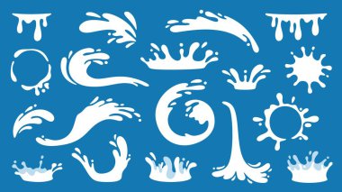 Çizgi film milkshake sıçraması. Düz beyaz süt lekeleri ve damlaları, mandıra girdabı, yoğurt lekeleri, süt dalgaları ve logo şekilleri, amblemler, işaret. Doğal organik süt ürünleri. Vektör sıvı ayarlandı