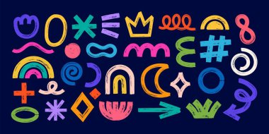 Soyut grunge şekilleri. Elle çizilmiş renkli, saf boya fırça figürleri ve elementler. Karalama oku, daire, çizgi, yıldız, geometrik sembol. Grange dokusu. Vektör ayarlandı. Parlak kıvrımlar, taç ve çiçek