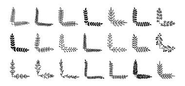 El çizimi köşeleri güzelleştirir. Karalama mürekkebi, siyah çiçek sınırı. Dekoratif yaprak unsuru, süs bitkisi köşesi, kartlar için bitki dalları, afiş. Vektör ayarlandı. Zarif dut tasarımı