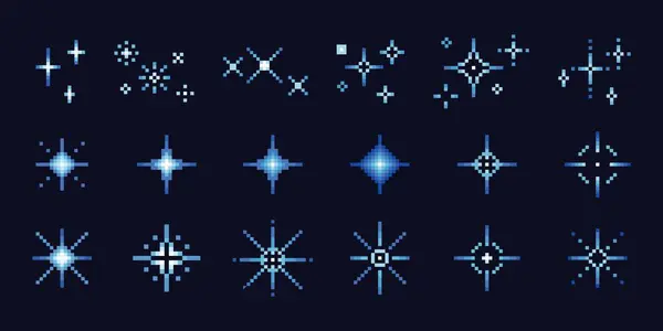 Pixel Blue Stars Bit Game Sparkle Magic Pixelated Elements Background — Stock Vector