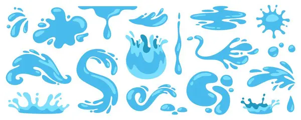 Agua Azul Dibujos Animados Caída Gotas Lágrimas Salpicaduras Charcos Líquidos — Vector de stock