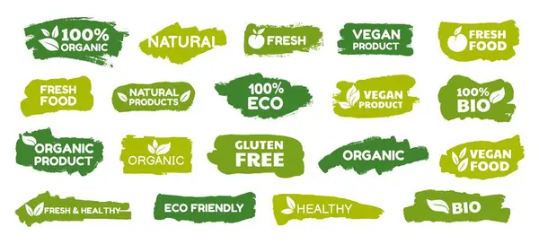 Stock vector Eco food labels. Organic product stickers for vegan, vegetarian food. Healthy logo badges. Nature, fresh, bio, ecology diet. Ecological packaging. Grunge symbols icons. Vector set. Green biology