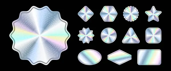 Hologram Sticker Holographic Stickers Guilloche Pattern Various Shapes Iridescent Shiny — Stock Vector