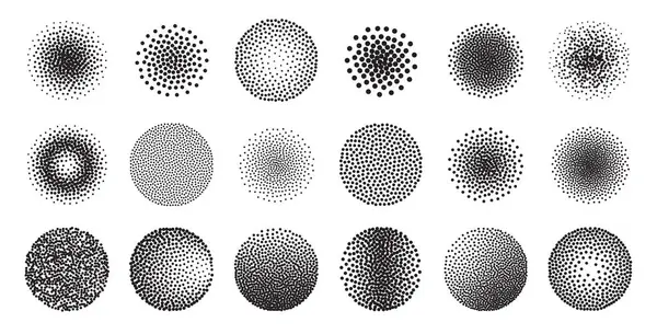 Sivri uçlu fırçalar. Yuvarlak yarım tonlu noktalı desenler. Sanatsal fırçalar için üstüste işaretli elementler. Grain noktalı grunge gradyanı, sıçramış leke vektörü. Geometrik şekil