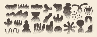 Soyut şekilleri karala. Gürültülü dokusu olan saf elementler. El çizimi doğanın yaratıcı figürü, grunge fırçaları. Siyah geometri silueti. Modaya uygun grafiksel şekil. Vektör seti