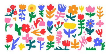 Soyut çiçekleri karala. Kesilmiş botanik fabrikası. Saf çiçekler ve yapraklar. Şirin organik çiçek şekilleri. Renkli doğal nesneler. Komik çocuklar bahçe elementleri. Vektör seti