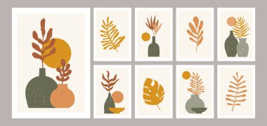 Botanik Boho posteri. Bitkilerle dolu çok az vazo. Çömlek ve yapraklı bohem estetik kompozisyonu, kartlar için yapraklar, çiçek posterleri, iç duvar organik dekoru. Vektör bauhaus ayarlandı.