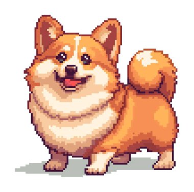 Pikselci köpek. Corgi şirin köpek yavrusu, 8 bit piksel sanat tarzı. Video oyunu retro pikselli köpek maskotu, küçük kahverengi köpek avatarı. Oyuncu mim evcil hayvan karakteri. İzole vektör illüstrasyonu.