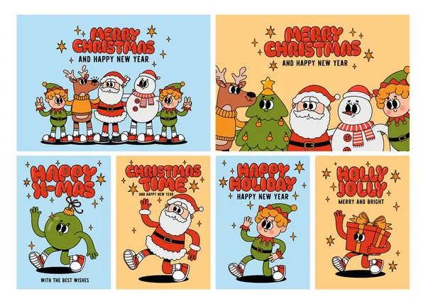 Harika Noel posterleri. Çizgi roman 70 'lerin tatil kartları. Çizgi film karakterleri ve elementleri. Retro Noel Baba, kardan adam, hediye, tuhaf maskotlar parmak izleri için yeni yıl oyuncağı. Vektör illüstrasyonu