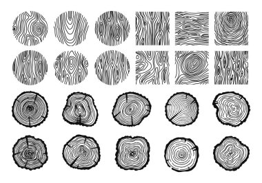 Tahta doku. Elle çizilmiş ağaç halkaları. Grafikler yuvarlak, kare elementler, ana hatlı ağaç halkaları, kütük yapısı. Dekoratif doğa odun çemberini kesiyor. Vektör seti.