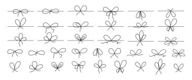 Çizim çizgisi eğiliyor. El yapımı kurdele. Basit hediye paketi yayları. Davet için tasarım ögeleri, hediye paketi, hediye kutusu, kırtasiye, web tasarımı, markalaşma materyali, vektör kümesi.