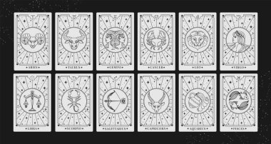 Zodiac kartları. Astroloji burcu işaretleri. Medya içeriği için öngörüleri olan dekoratif sihirli ruhani takvim. Fal baktırmak. Mistik zodyak sembolleri. Vektör kavramı.