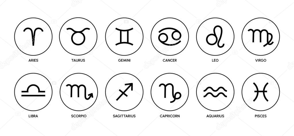 Twelve zodiac signs. Horoscope symbols. Minimalistic astrological mystical icons for spiritual blogs, calendar and zodiac design products. Vector collection.