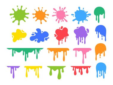 Abstract colorful paint splatters. Cartoon ink stain and splash. Paint splashes in various colors. Artistic blotch, spots silhouette dripping down in textured streaks. Vector set. clipart