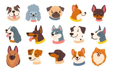 Köpek avatarları. Çizgi filmlerdeki köpek suratları. Çeşitli köpek kafaları. Farklı türlerin şirin yavru köpek portreleri. Dost canlısı profil ikonları. Komik ağızlıklar. Vektör seti.