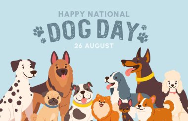 International Dog Day. Cartoon banner with dog group. Card with various doggy breeds. Pet friendly background. Funny animals for design poster. Vector concept. clipart