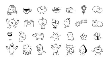 Güzel karalama. Küçük, soyut bir dövme. Basit çocuk çizgisi çizimi. Marka, baskı ve çıkartmalar için el çizimi siyah komik karakterler. Vektör seti.