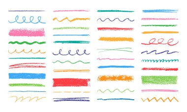 Kalem fırçası darbeleri. Grunge boya kalemi dokusu. Renkli pis leke ve çizgi. Kalın ve ince, kıvırcık çizgili. Dalgalı boya fırçaları, kalem çizgileri. El çizimi vektör elementlerini karalar.
