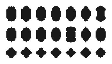 İslami pencere şekilleri. Doğu Arap kemerleri siluetleri. Müslüman kültürü dekoratif cami kapısı. Ramazan Kareem geleneksel elementleri. Vektör seti.